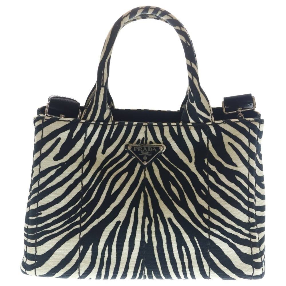 PRADA Canapa Handbag Zebra Shoulder Bag White Black Canvas
